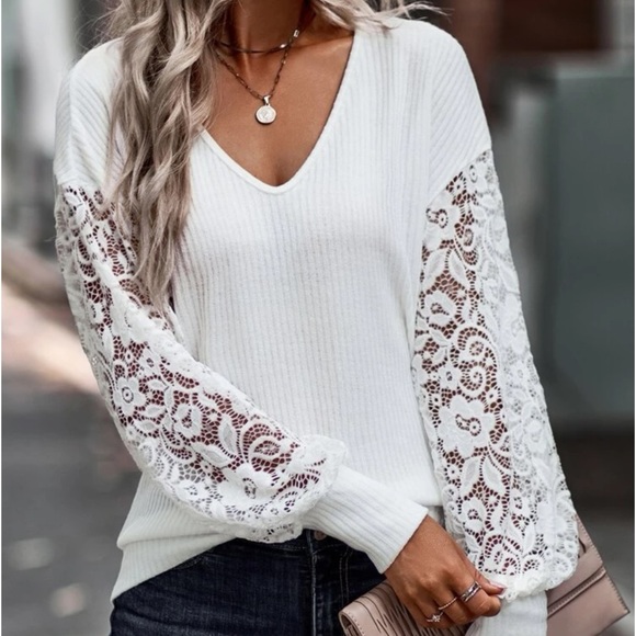 New v neck white lace sleeve top - Picture 1 of 6